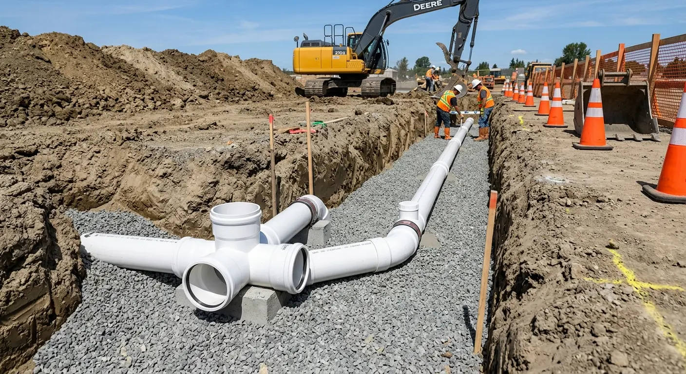New PVC sewer pipe installation in open trench for Grease Trap Cleaning in Alpine