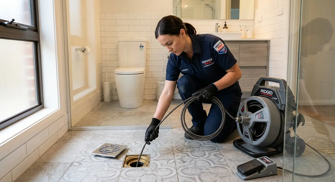 Technician clearing a bathroom floor drain for Sewer Line Installation in Alpine